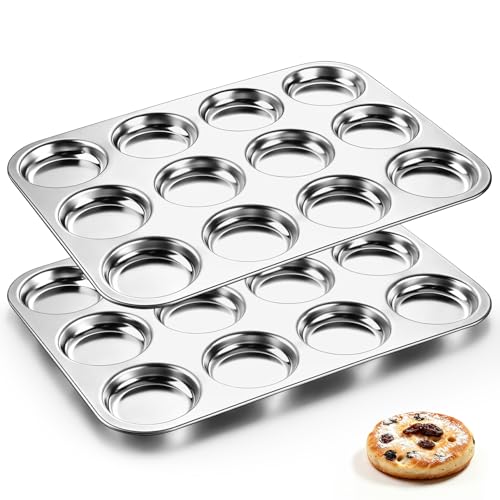 TeamFar Muffin Top Pan, 2 PCS 12 Cavity Stainless Steel Shallow Cupcake Pan
