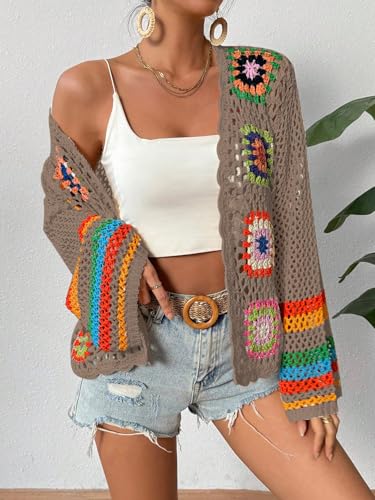 Image of SHENHE Women's Floral Crochet Cardigan Hollow Out Open Front Long Sleeve Cardigan Sweater