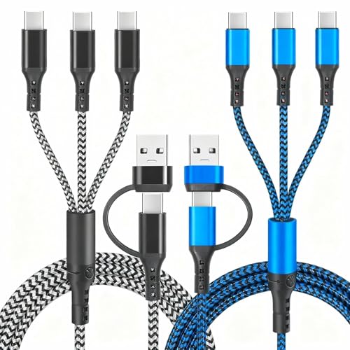 2Pack Câble de recharge multi, 5 en 1 USB Câble de rechargeur multi A/C cordon de charge rapide avec 3 Port de type C, universel multiple USB Câble pour téléphone 17 16 15 pro max Samsung Galaxy tablette Android et plus