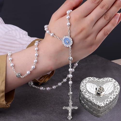 HanlinCC 6mm Glass Pearl Beads Catholic Rosary Necklace with Metal Heart Rose Gift Box2