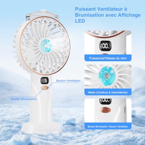 Ventilateur Portable - 4000mAh Mini Ventilateur Bureau Brumisateur,5 Vitesses,Fan Rechargeable USB avec Base,Affichage LED,Usage Sans Fil,pour Études,Travail,Voyages,Camping,Cadeau d'été – Image 6