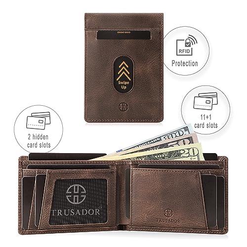 TRUSADOR Trento Wallet for Men Slim Credit Card Holder Slots Leather RFID Blocking Small Thin Men's Wallet Bifold Minimalist Front Pocket Gift Box (Brown, With Coin Pocket)3