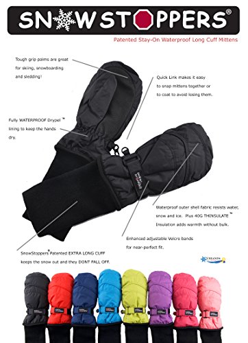SnowStoppers Kid's Nylon Waterproof Snow Colorful Mittens (Black, Large) - Thumbnail 4