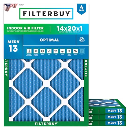 Image of Filterbuy 14x20x1 Air Filter MERV 13 Smoke & Allergy Defense (4-Pack) | Electrostatic Pleated HVAC AC Furnace Filters Replacement, Made in USA (Actual Size: 13.50 x 19.50 x 0.75)