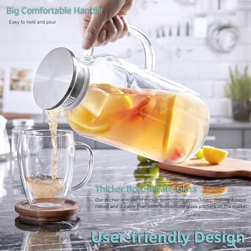 Image of Bivvclaz 2.6 Liter 88 oz Glass Pitcher with Lid and Handle, Glass Water Carafe for Hot /Cold Water, Iced Tea Pitcher, Large Pitcher for Coffee, Juice and Homemade Beverage
