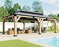 AMERLIFE 12x20 ft Hardtop Gazebo, Solid Wood Gazebo with Iron Double Roof, Outdoor Pergola with Wood Frame for Garden, Porch, Patio, Charcoal Gray + Brown Gray
