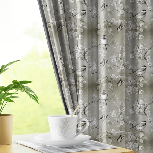Image of LINENWALAS Printed Blackout Curtains for 8 Feet Door | Set of 2 | Charming Bird & Floral Drapes | Thermal Insulated, Room Darkening Panels with Grommet Hanging for Living Room (Taupe Blossom)