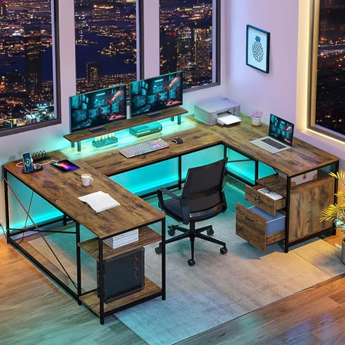 DWVO U Shaped Desk with Drawers, 79' Reversible L Shaped Desk with Power Outlets & LED Lights, Corner Computer Desk with Monitor Stand & Storage Shelves, Rustic Brown