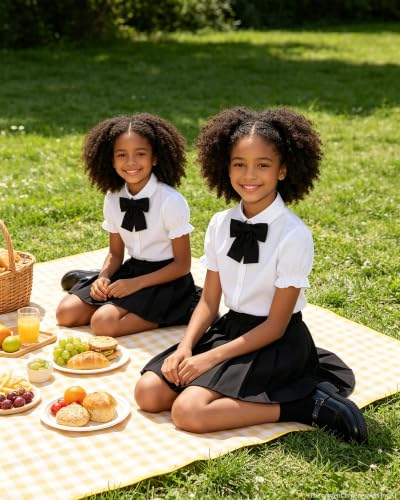 Image of Betusline Girls Skirt Set JK School Uniform 2-Piece Outfit - Short Sleeve Shirt with Bow & Pleated Skirt 4T-14Y