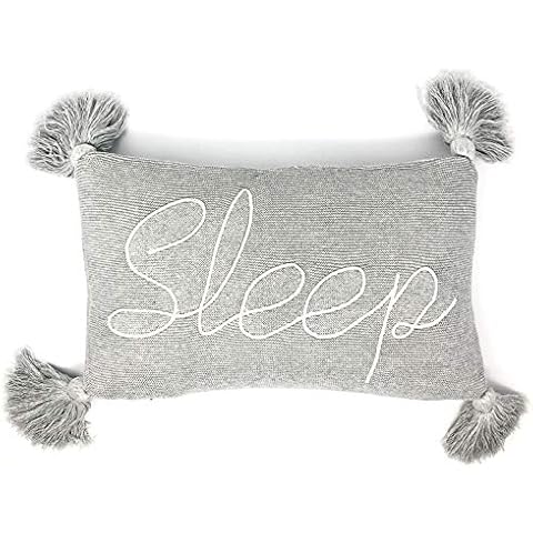 Linen Perch Decorative Throw Pillow for Bed - Dorm Room Décor - Embroidered Sleep Pillow - Insert Included -100% Cotton Knit - Pillow with Tassels - Teen Girls Bedroom - Guest Room (Grey) 16" x 10" Cover