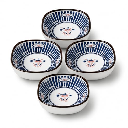 Image of YELONA Japanese Ceramic Bowl Set of 4 | 200ml Blue Floral Porcelain Elegant Serving Bowl for Rice, Soup, Snacks & Dessert | Ceramic Dinner Set for Gifting - (Indigo Ray)