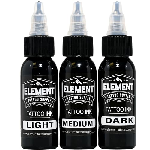 Element Tattoo Supply Greywash Tattoo Ink Set for Professional Tattooing Supplies – Light, Medium & Dark Solid Shades for Outlining, Shading & Blending for Artists – 1 oz Bottle (3 Pack)