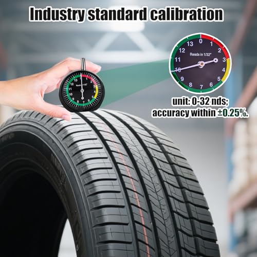 Image of Tire Tread Depth Gauge, Professional Dial Type Tire Tread Depth Gauge with Color-Coded Zones for Car Truck Motorcycle & Bus, Accurate 1 /32 inch Increments Reading