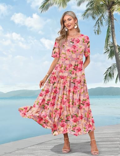 Image of YESNO Women Casual Loose Bohemian Floral Dress with Pockets Short Sleeve Long Maxi Summer Beach Swing Dress EJF