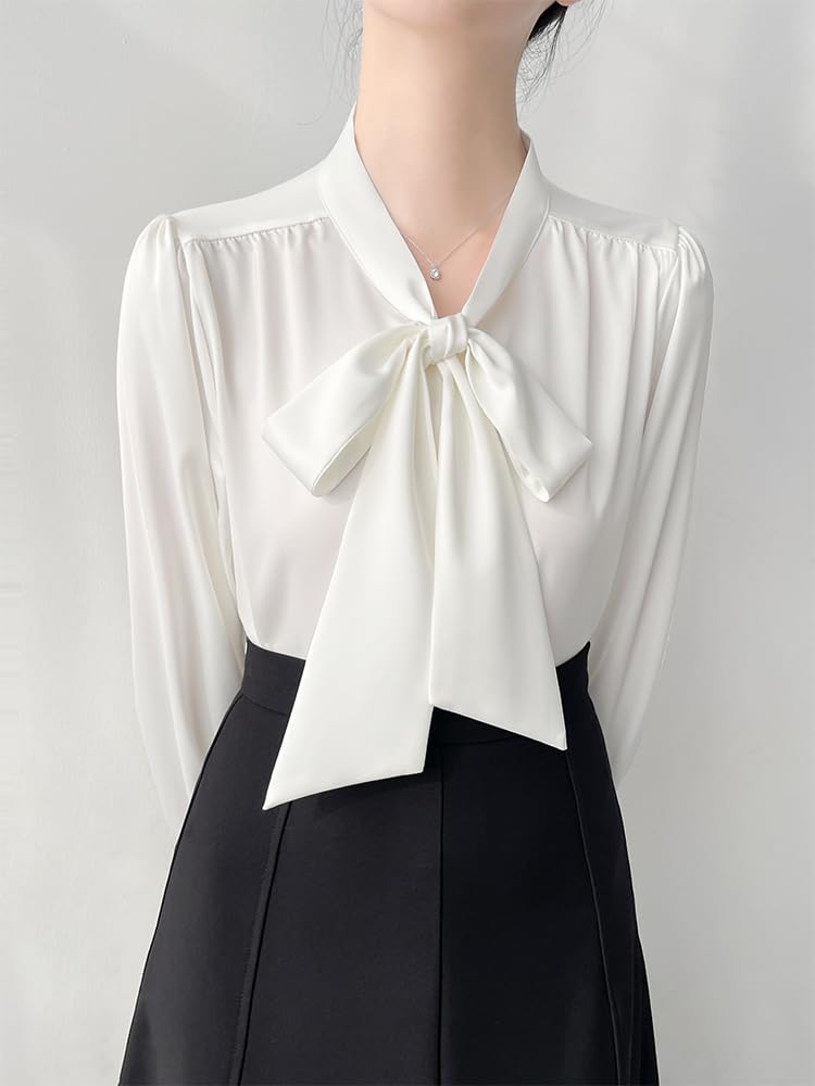 Camisa de Oficina de Saten con Manga Larga y Lazo para Mujeres
