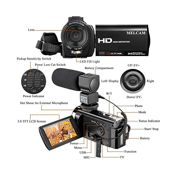 MELCAM Videokamera Camcorder, 1080P 30FPS Vlogging Kamera für YouTube, Full HD Camcorder 3-Zoll IPS-Bildschirm 16-facher… – Bild 8