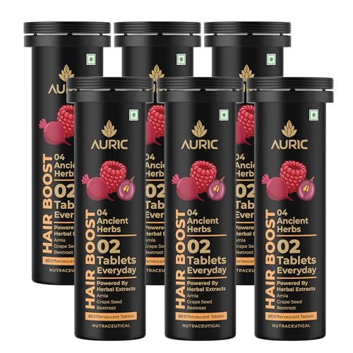 Image of Auric Hair Boost Effervescent Tablets 120 Count | Ayurvedic Formula for Hair Fall Control | Biotin, Zinc, Beetroot & Grapeseed Extracts & Herbal Extracts | Hair Growth & Strength Support