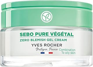 Yves Rocher Sebo Végétal Zero Blemish Face Gel Cream for Oily and Combination Skin, For oily and acne prone skin, Tightens pores and prevent blemishes, Mattifying cream, Improves skin texture 50ml jar (Sebo Pure Végétal Gel Cream)