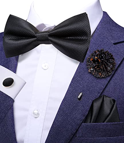 Image of Hi-Tie Pretied Bowtie Lapel Pin Set for Men Pocket Square Cufflinks 4PCS Bow Tie Set Mens Wedding Business Party, Black