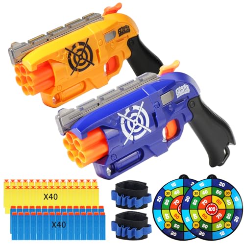 2 Pack Compatible with Nerf Bullets Toy Foam Blaster, 6 Auto-Dart Rotating Drum Soft Bullets Gun, Indoor Outdoor Shooting Games, Boys 6 + Years Kids Old Christmas Birthday Gift (Yellow and Blue)