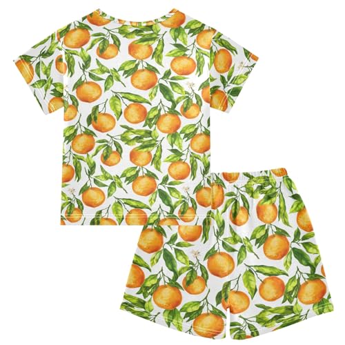 CHIFIGNO Oranges Green Leaves White Unisex Snug-Fit Short Sleeve Cotton Pajama Sets with Pocket 5Y2