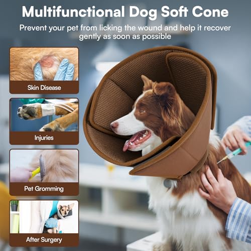 Image of Queenmore Dog Cone, Soft Cone for Dogs After Surgery, Comfy Large Dog Cone | Cone for Dogs After Surgery, Adjustable Soft Fabric Dog Cones Collar, Elizabethan Pet E-Collar for Wound Healing, Coffee,L