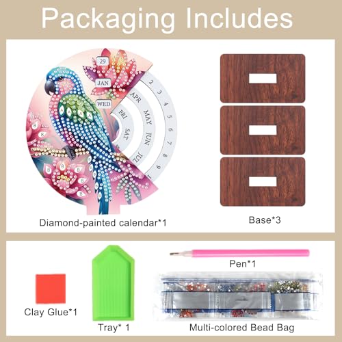 Image of AiYuanzsh 3D Diamond Art Tabletop Calendar, DIY Wooden Desk Ornament with Parrot and Flower Design, Sparkling Diamond Painting Kit for Desktop Decoration & Gifts