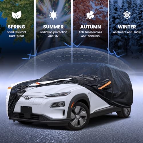 Image of Multi-Layer Car Cover Custom Fit for Hyundai Kona(EV)(2017-2026), 100% Waterproof All Weather for Automobiles, Gift with Towel, Heavy Duty Car Covers for Rain Sun UV Protection with Door Zipper.