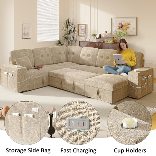 Image of Modular Sectional Sleeper Sofa with Pull Out Bed, 108 Inch U Shaped 7 Seat Couches for Living Room, Chenille Fabric Cloud Couch Bed with Storage & Reclining Backrest, USB Charging, Khaki