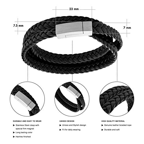 555Jewelry Stainless Steel Braided Double Wrap Leather Twist Rope Chain Cord Adjustable Magnetic Clasp Simple Men Women Unisex Fashion Jewelry Accessory Bangle Bracelet, Black & Silver 7.5 Inch - Image 5