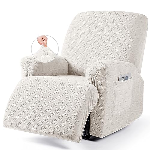 Image of VANSOFY Oversized Recliner Chair Cover, 4-Pieces Stretch Recliner Covers for Recliner Chair Soft Reclining Chair Slipcover Jacquard Pattern Furniture Protector for Dogs Cats(Off White)