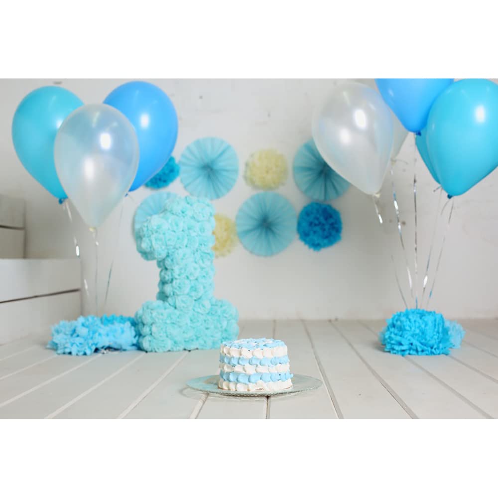 Aoihrraan 3,5x2,5m Kinder 1. Geburtstag Hintergrund Blau Luftballons Papier Blume Kuchen Geburtstag Zimmer Dekor Fotografie Hintergrund für Junge Mädchen Party Baby Dusche Dessert Tisch Foto Prop