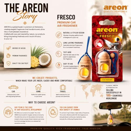 Image of AREON Fresco Premium Hanging Car Air Freshener, Hawaii, Pack of 1 | Premium Wooden Hanging Car Air Freshener with an Elegant, Compact Design. Suitable for Use in Cars, Suvs, Vans, and Trucks.