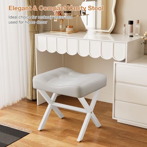 Image of Memobarco 18-Inch Large Leather Vanity Stool, Vanity Chair with Metal X-Leg, Ottoman Accent Stool with Thick Padded Saddle Seat, White