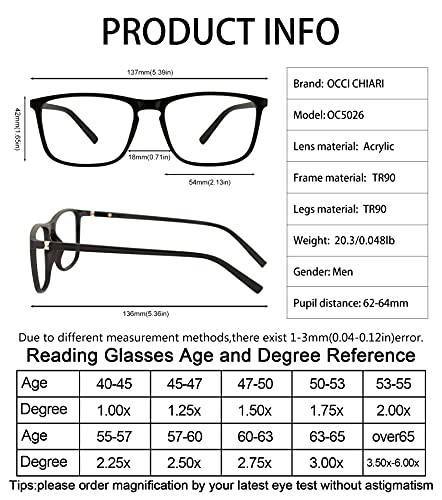 OCCI CHIARI Mens Reading Glasses 3.0+ Rectangle Readers Glasses for Men Large Glasses for Reading Spring Hinge Black 300 - Image 3
