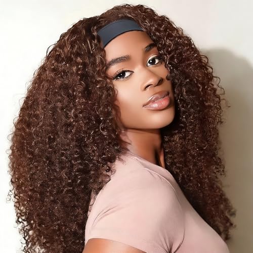 Image of XSY Chocolate Brown 4# Headband Wig Human Hair for Black Women Kinky Curly Glueless Brazilian Hair Machine Made None Lace Front Wigs 150% Density Headband Wig Half Wigs 150% Density (24inch)