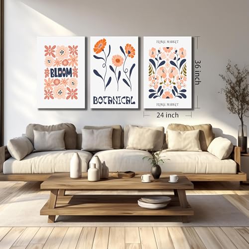 Image of SKYRISE Floral Canvas Wall Art Set of 3, Rustic Botanical Canvas Paintings Prints ArtWork for Living Room, Vintage Flower Pictures for Farmhouse Dining Room Hallway Bedroom Wall Decor 24 inchx36 inch