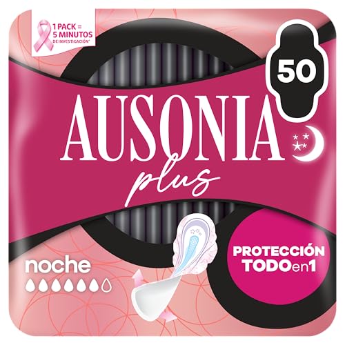 Ausonia Plus Noche, 50 Compresas con Alas, Protección Todo en Uno Durante la Noche