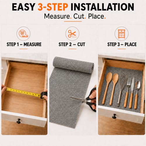 Image of Ash & Roh - Anti Slip Drawer Mat for Shelf and Shelves, Strong and Durable Non-Adhesive Grip Liner Mat for Bedroom Wardrobe Cabinet and Kitchen Place mats (Gray (30x500))