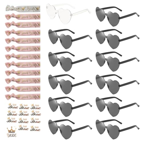 Marypaty Gafas Despedida de Soltera Gafas de Sol de corazón Gafas Corazon Set, JGA Gafas de fiesta Bride Team Pulseras Pegatinas Set 12 muñequeras de despedida de soltera Para Fiestas de Boda (Negro)