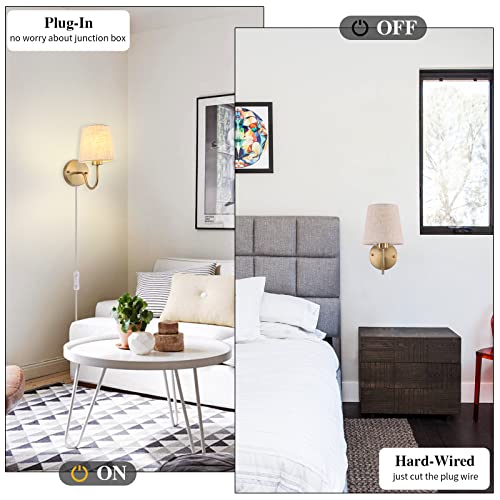 LASENCHOO Plug in Wall Sconces Set of Two, Modern Wall Lamp with Plug in Cord 6.56ft & On/Off Switch with Fabric Lampshade, Gold Sconces Wall Lighting Fixture for Bedroom Bedside Living Room Porch by LASENCHOO - Used condition - Image 2
