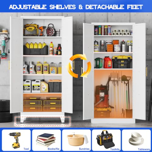 Image of GAIOUS 71 inch Tall Kitchen Pantry Cabinet,Metal Storage Cabinet White Cupboard | Steel Office Cabinet, Freestanding Bookcase with 2 Doors and 4 Adjustable Shelves, Bathroom Kitchen Home Garage Tool Cabinet