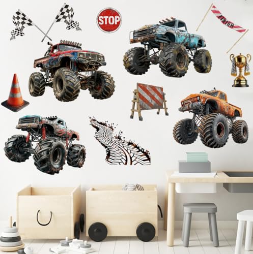Runtoo Grands autocollants muraux Monster Truck pour garçons - Motif voiture de course - Décoration murale pour chambre d'enfant