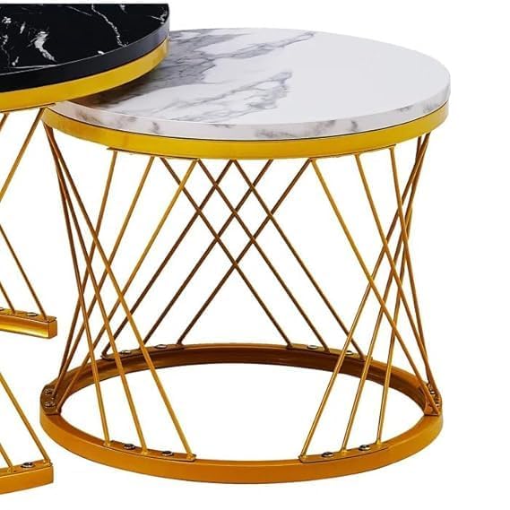 Image of Brown Art SHOPPEE Home Decor Furniture Round Coffee Table Sets,2 Piece MDF Top Couch Table,Stacking Nesting Table with Iron Frame for Living Room Living Room or Lounge (Gold & Black,White)