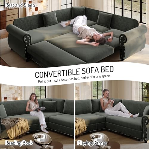 Image of KCGKCG 88.2 inch Sleeper Sofa Bed, Sectional Couches for Living Room /Apartment, Chenille L Shaped Couch with Pull Out Couch Bed, Convertible Sectional Sofa with Rolled Arm & Nailhead Trim, Dark Grey