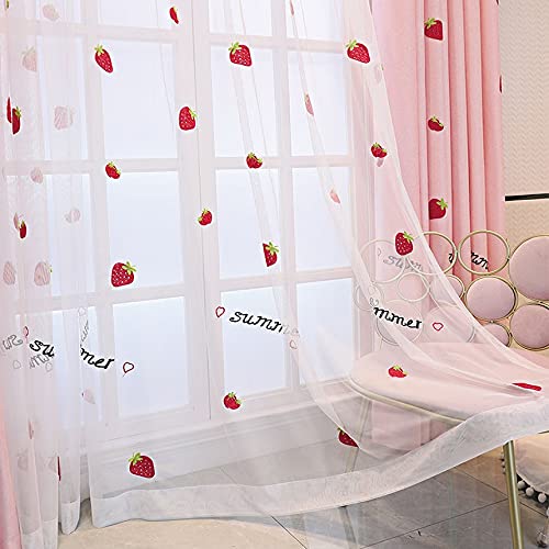 TIYANA White Embroidery Sheer Curtain for Living Room Kids Bedroom Kitchen Rod Pocket Top, Strawberry Embroidered Tulle Drape, 1 Panel, W40 x L63 inch