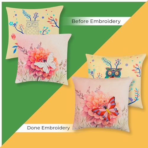 Image of picknMAKE Pack of 2 DIY Cushion Cover Hand Embroidery Kit for Beginners & Adults - Owl & Butterfly Medley | 16 inchx16 inch Cross-Stitch Pillow Covers with Digitally Printed Fabric, Threads, Hoop & More