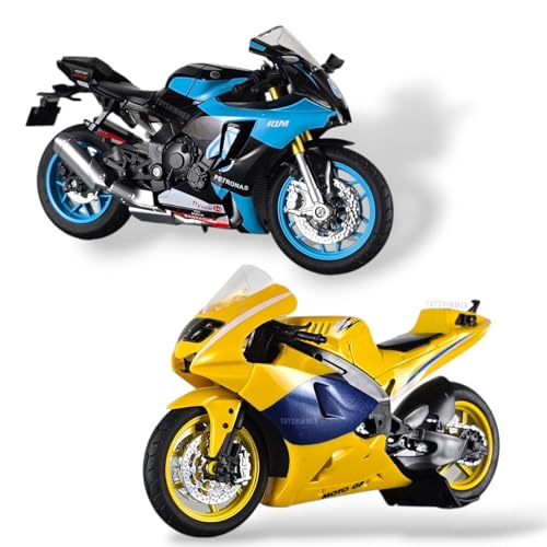 Image of Combo of 2 Diecast Motorcycles, Yamaha R1M and Moto GP 46 Track Bike, 1:12 Scale, Light and Sound Functions, with U-Shaped Parking Stand(for MotoGP Bike), for Ages 8-14 and Adults