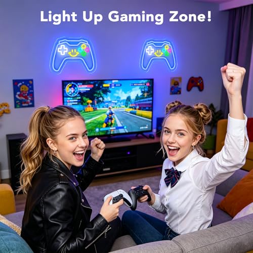 Image of Gaming Neon Signs Controller LED Sign with Remote for Gamer Room Decor, Gamepad Shaped LED Neon Sign for Son Gamer Lovers Gifts, Game Neon Light Smile Face for Basement Bedroom Boys Man Cave Kids Teen