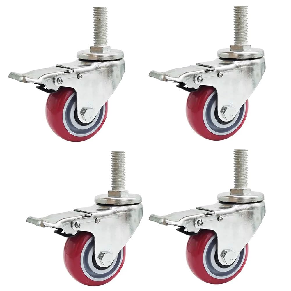 Castor Wheels,Swivel Castor Wheels M20 30/60/100/150mm Threaded Stem Casters 3Inch Heavy Duty Castor Wheels with Brake Red Trolley Wheels Pack of 4 (Color : Swivel, Size : M20*150) (Color : With Brak